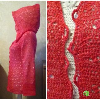 A photo of the crochet cardigan with a hood, color red, cotton 100%. Side & buttonhole views. (SKU 1-5)