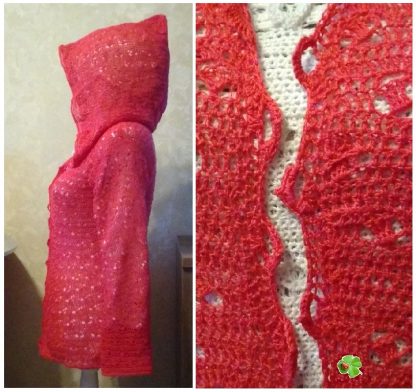 A photo of the crochet cardigan with a hood, color red, cotton 100%. Side & buttonhole views. (SKU 1-5)