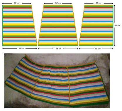 A photo of a handmade crochet colorful three parts skirt. General and chart views. Cotton 100%. (SKU 1-13)
