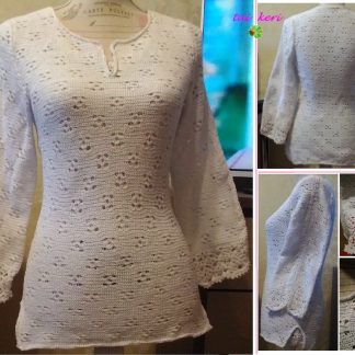 A photo of a blouse. Crochet, white, sleeves with the ornaments, handmade. Different views. Cotton 100%. (SKU 1-8)