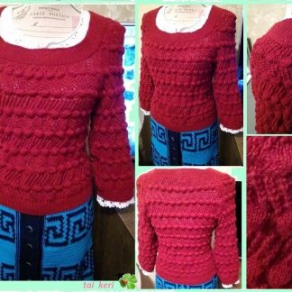 A photo of the knitted sweater. Color bordeaux, handmade. Different views. Merino wool 100%. (SKU 1-9)