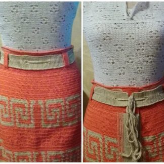 A photo of a button front skirt. Crochet, 2 colored (carrot,cacao) with Peruvian ornaments, handmade, original belt . Back & belt views. Cotton 100%. (SKU 2-1)