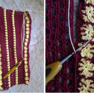 A photo of a pattern for the skirt. Crochet, brown, rows of yellow stars ornaments, handmade. Front parts views. Cotton 100%.(SKU 2-3)
