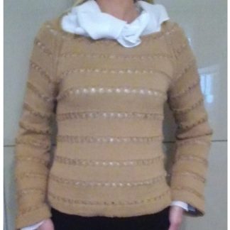 A photo of the handmade knitted blouse, front view, Cotton 100%, color dark gold, sku 1-16, pattern and model author- Tai Keri