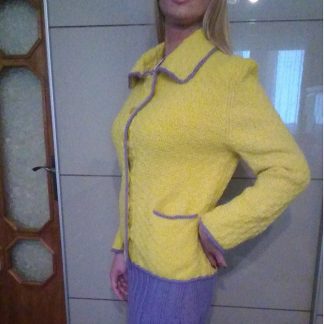 A photo of a handmade knitted jacket, color yellow, sleeve view, Author- Tai Keri, sku 2-8, Wool
