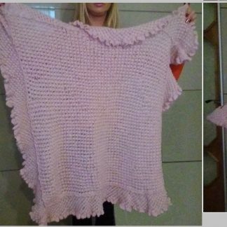 A photo of a handmade knitted shawl, color pink, half folded and unfolded views. Mohair. SKU 1-1. Author - Tai Keri