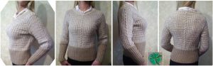A photo of a handmade knitted sweater, color milk-and-coffee, different views, pattern and model author- Tai Keri, sku 1-17, Wool