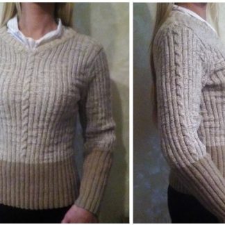 A photo of a handmade knitted sweater, color milk-and-coffee, different views, pattern and model author- Tai Keri, sku 1-17, Wool