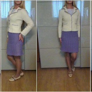 A photo of a handmade knitted jacket, color white, different views, pure wool. SKU 2-7. Author- Tai Keri