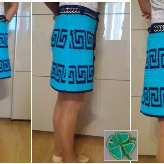 A photo of a handmade crochet button-front skirt, Peruvian ornaments, colors aquamarine darkBlue. Cotton100%. SKU 2-2. Author- Tai Keri