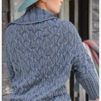 A photo of the 48th cardigan, back view, knitted